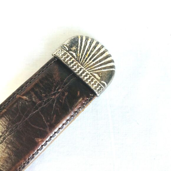 Zele Croc Skinny Belt Alligator Embossed Leather Brown S M Silver Buckle 24-29in - Picture 7 of 11